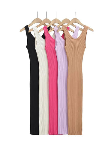 Women Backless Sleeveless Midi Dress Summer Knitted Elegant 5 Colors Elastic Slim Dresses