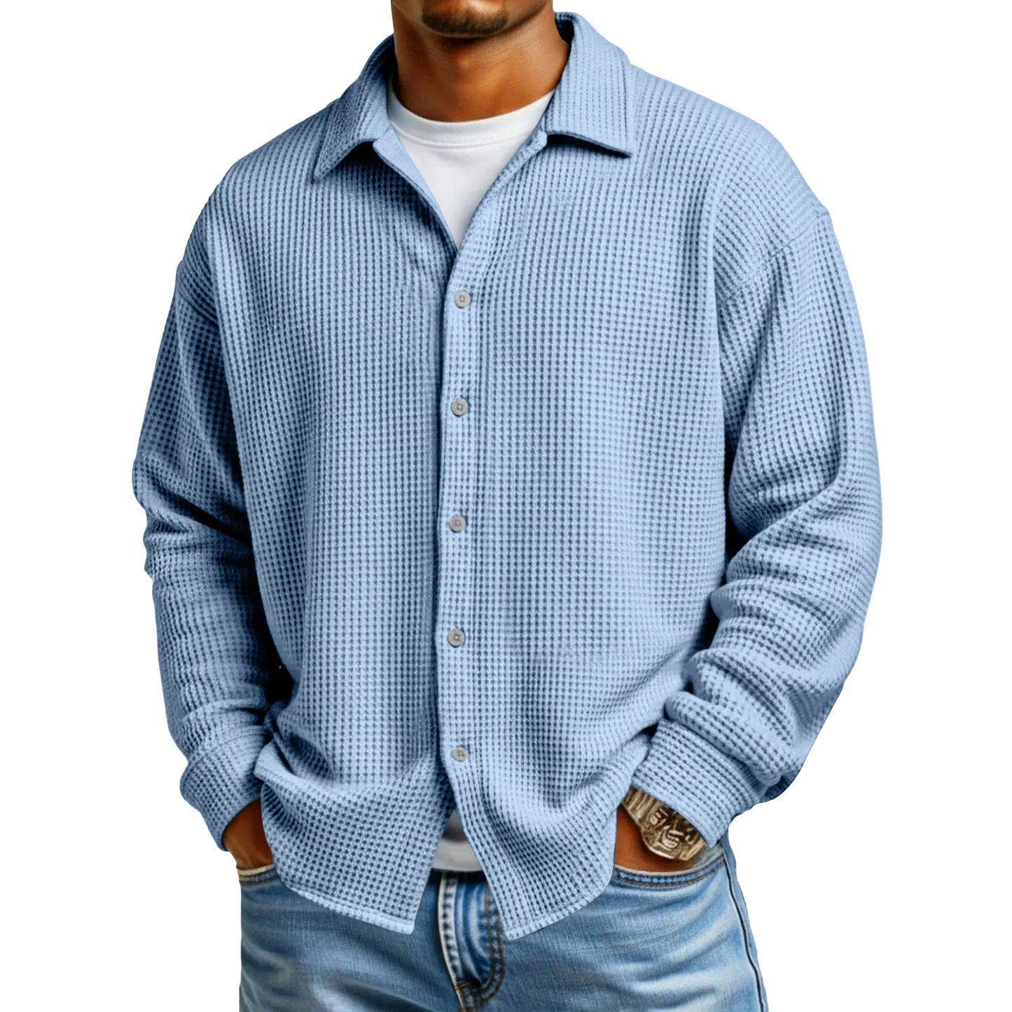 Men Casual Button Down Shirt Long Sleeve Collar Shirt Waffle Texture Loose Fit Fashion Men Top Trendy Outfit Daily Wear