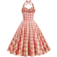 High Waisted Plaid Cocktail Dress Backless Sexy Mid Length Dress Vintage 1950s Hepburn Strapless Swing Retro Halter Dresses