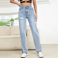 Washed Ripped Jeans Women Four Seasons New Fashion Personality To Do Old Denim High Waist Straight Comfortable Wide Leg Pants ﻿