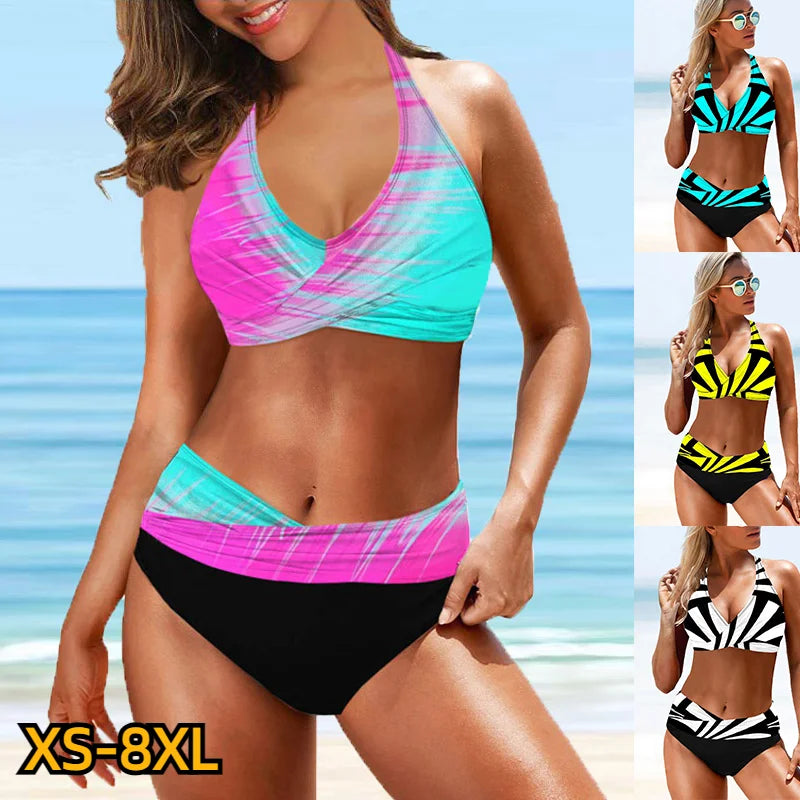 2023 Women High Waist Tankini Summer New Design Printing Swimwear Swimsuit Bikini Bathing Suit Two Piece Set Beach Weart XS-8XL