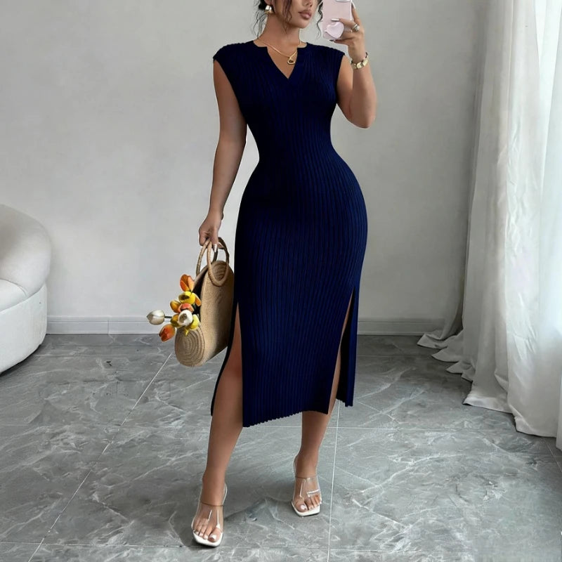 Women's White V-Neck Sleeveless Elastic Sundress Knit Bodycon Maxi Dress Solid Side Slit Casual Summer Daily Party Long Dress