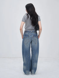 Vintage American-Style Washed Jeans for Women, Mid-Low Waist Design, Loose Wide-Leg, Height-Enhancing, Washed Blue Jeans, Paris Buckle Adjustable Three-Dimensional Arc-Shaped Knife-Cut Trousers