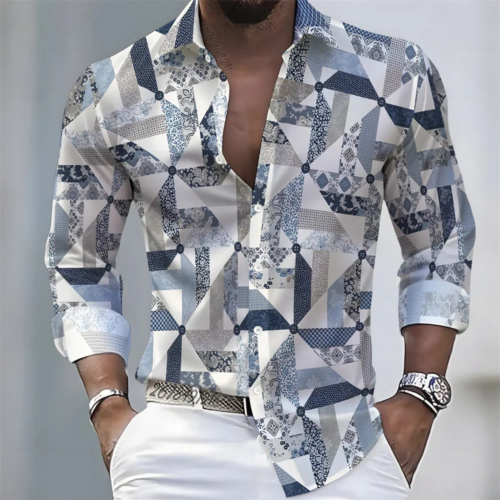 Summer lightweight men's printed long-sleeved shirt, retro floral plaid color-blocked casual shirt, Hawaiian vacation style top.