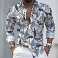 Summer lightweight men's printed long-sleeved shirt, retro floral plaid color-blocked casual shirt, Hawaiian vacation style top.