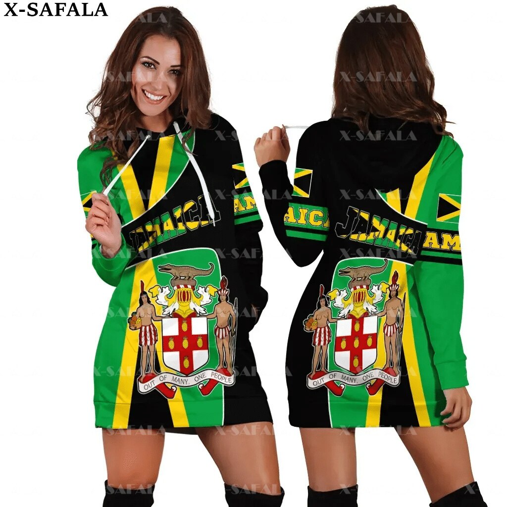 JAMAICA Emblem Country Flag New Harajuku Novelty 3D Print Autumn Hoodie Dress Women Casual Wear Long Sleeve Hooded Dress-3