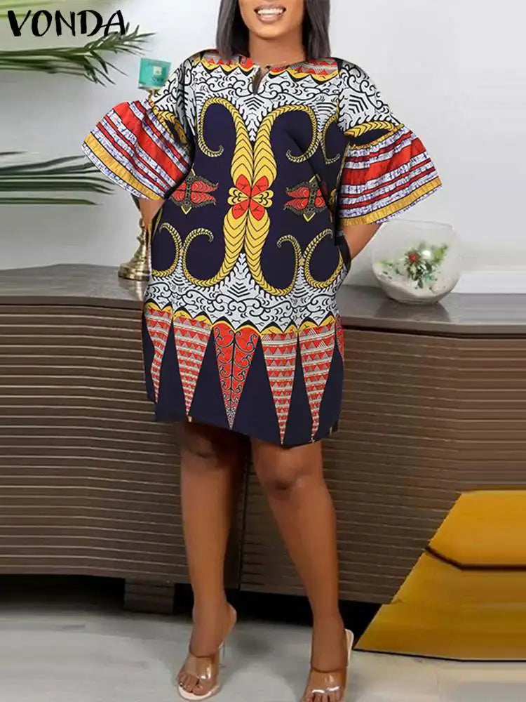 Plus Size 5XL VONDA Women Dress 2024 Fashion O-neck Elegant Mini Dresses Casual Half Flared Sleeve Sundress Bohemian Vestidos