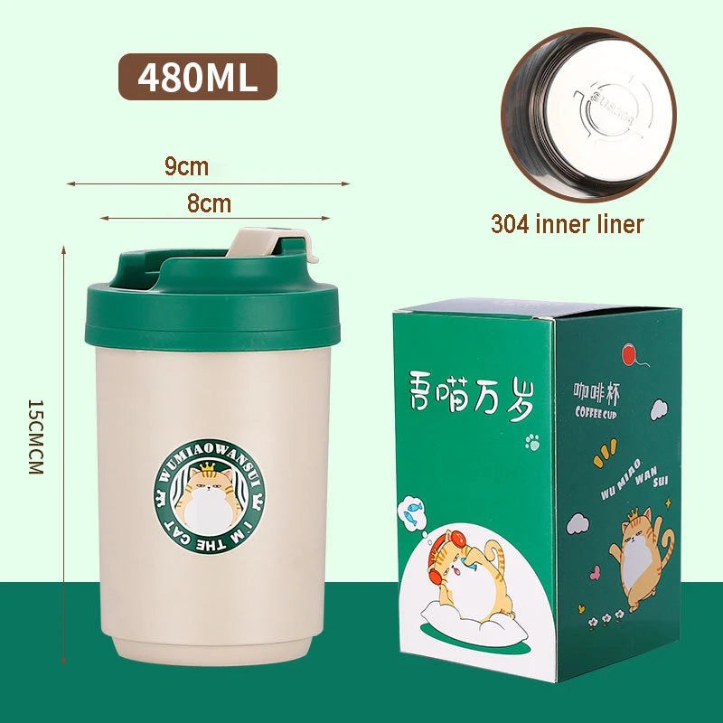 Stainless Steel Coffee Mug Double Layer Cup with Lid Water Cup Portable Cartoon Mug Gift Temperature Portable Vacuum Flasks Cup