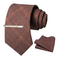 JEMYGINS Classic Wool Necktie For Men 8cm Brown Grey Men Striped Plaid Cashmere Tie Pocket Square Sets Wedding Accessory Gift