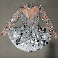 Women Dancer Team Performance Costume Sexy Stage Wear Glitter Silver Crystal Sequin Bodysuit Mini Short Dress Club Party Clothes