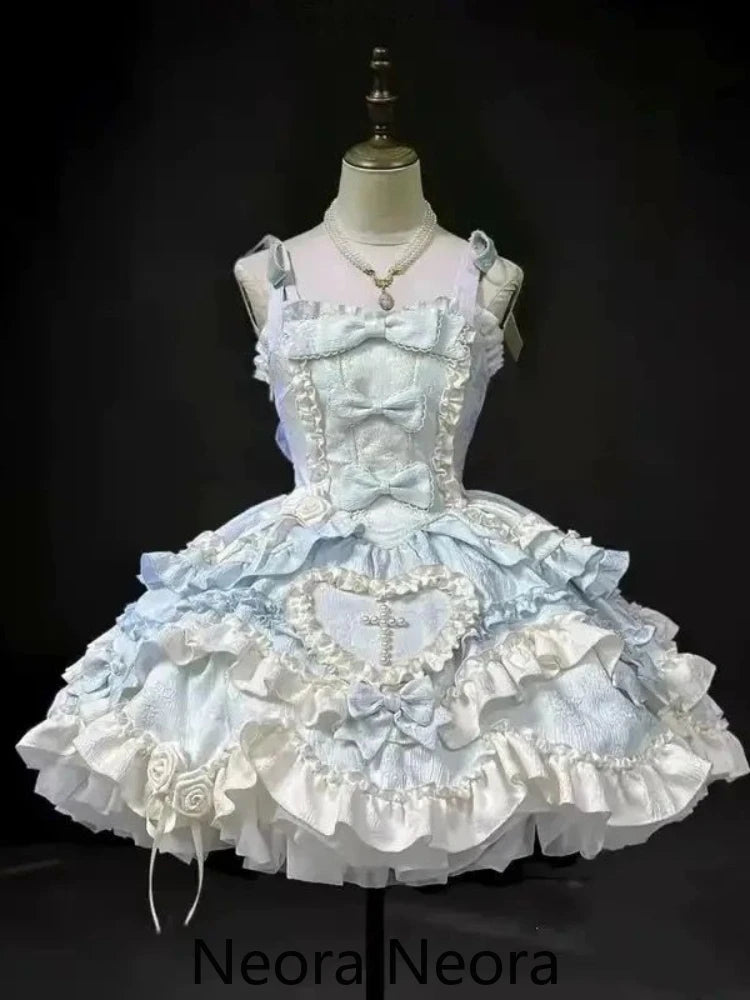 Lovely Kawaii Slash Neck Slim Lolita Dress Women Sweet Design Bow Off Shoulder Sling Dresses Elegant Cute Pretty New Clothing