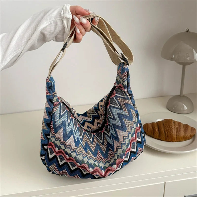 Wave Pattern Design Crossbody Bag for Women New Large Capacity Canvas Shoulder Bag, Versatile College Students Dumplings Bag