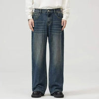 Male Classic America Hip Hop Rap Jeans Wide Leg Youth Popular Jeans Men Straight Leg Retro Loose Trousers Oversized Denim Pants