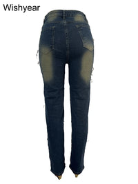 Vintage Pencil Pants Ripped Spliced Women Jeans Distressed Stretch Denim Trouser Wash Dark Blue Skinny Pockets Punk Style y2k