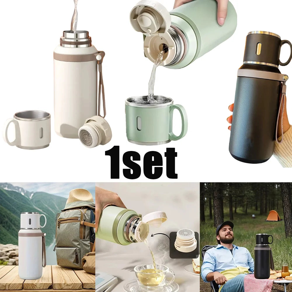 Stainless Steel Thermos Cup 600ml 24h Insulation Insulated Water Bottle with Cup Portable Handheld Tumbler for Camping Hiking