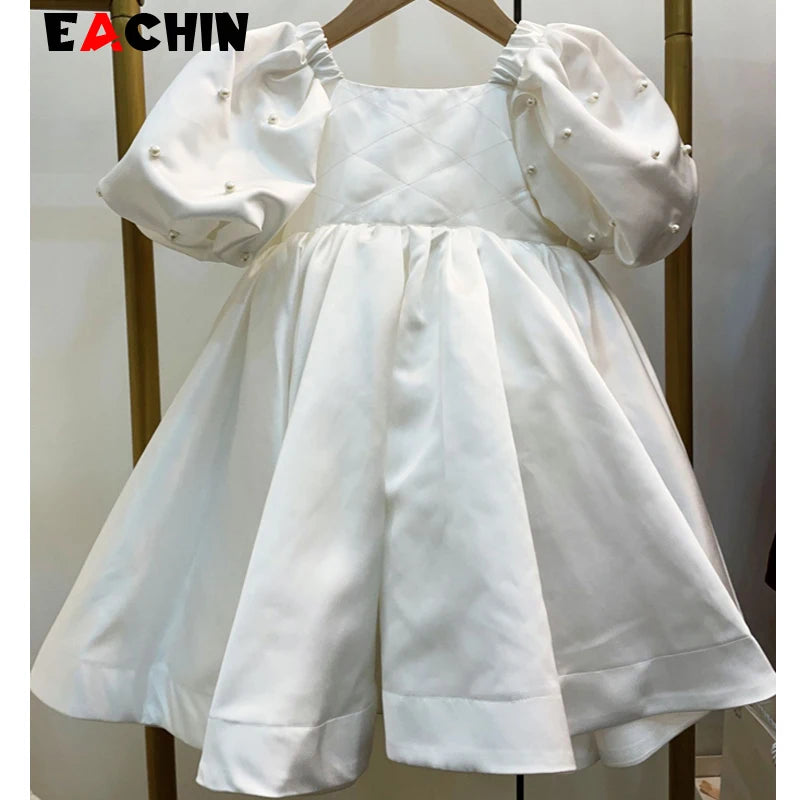 Baby Girls Birthday Dress Kids Elegant Retro Princess Dresses New Fashion Puff Sleeve Pearls Prom Dress for Girl Party Clothing