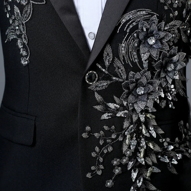 Temperament Gentleman Men's Suit Set Fashion Three Dimensional Marquetry Diamante Evening Dress Gorgeous Slim Groomsman Suits