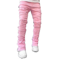 Men's Regular Fit Stacked Jeans Ripped Slim Fit Patch Distressed Destroyed Straight Denim Pants Hip Hop Streetwear Trouser Cloth