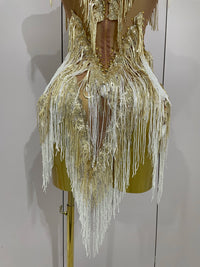 Stock 2025 Women Sexy Stretch Mesh Sparkly Rhinestone Tassels Mini Dress Nightclub Singer Dance Stage Costume Evening Gowns