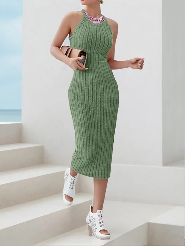 Dresses for Women  Solid Halter Neck Bodycon Ribbed Knit Tank Dress