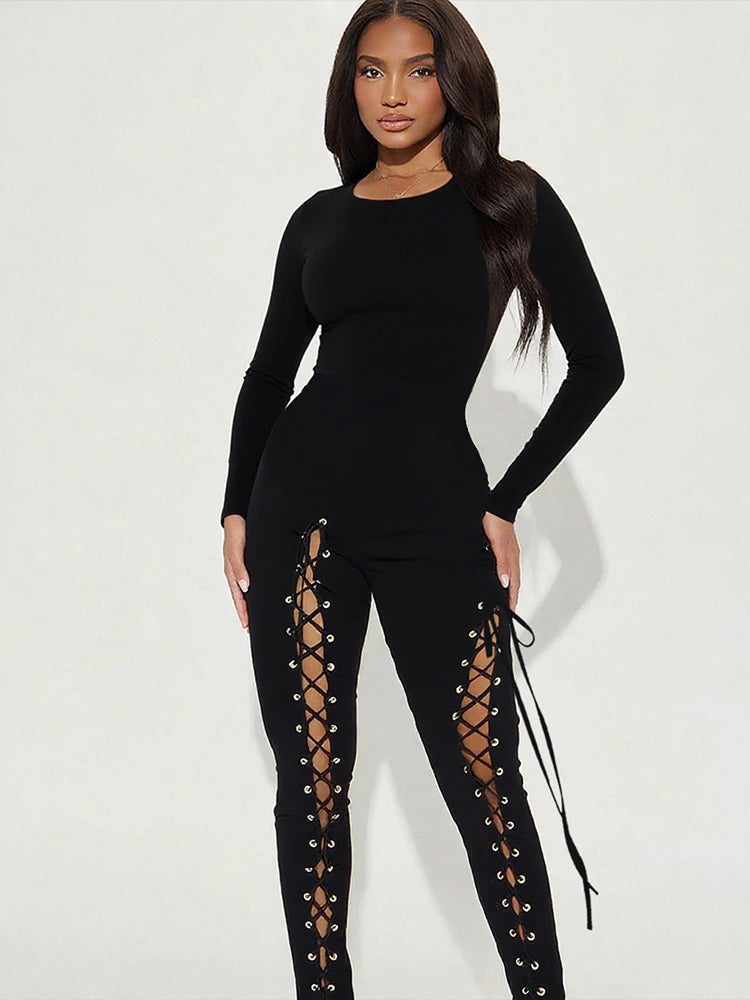 Sisterlinda Sexy Fashion Jumpsuits Woman o-Neck Full Sleeve Shirring Hollow Skinny Peach Hip Hot Girls Midnight Party Clubwear