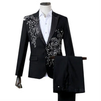 New Men Luxury Decal Suits Black / Red / Blue / White Fashion Singer Host Stage Performance Splicing Flower Blazers and Pants