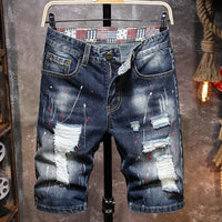 Men's Graffiti Ripped Short Jeans 2024 Summer New Fashion Casual Slim Big Hole Retro Style Denim Shorts Male Brand Clothes