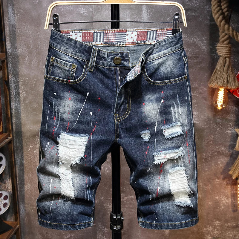 Men's Graffiti Ripped Short Jeans 2024 Summer New Fashion Casual Slim Big Hole Retro Style Denim Shorts Male Brand Clothes