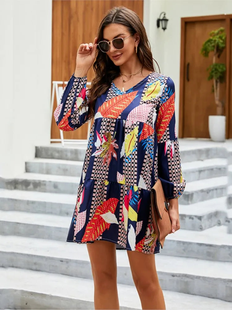 Fashion V Neck Print Dress Women Casual Loose Long Sleeve Beach Party Mini Dresses Elegant Female Holiday Vestidos Autumn Winter