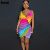 Tie Dye Summer Bodycon Dress Women Bulk Clothing V Neck Sheath Slim Ruched Night Club Party Mini Dress Clubwear Short Sexy Dress