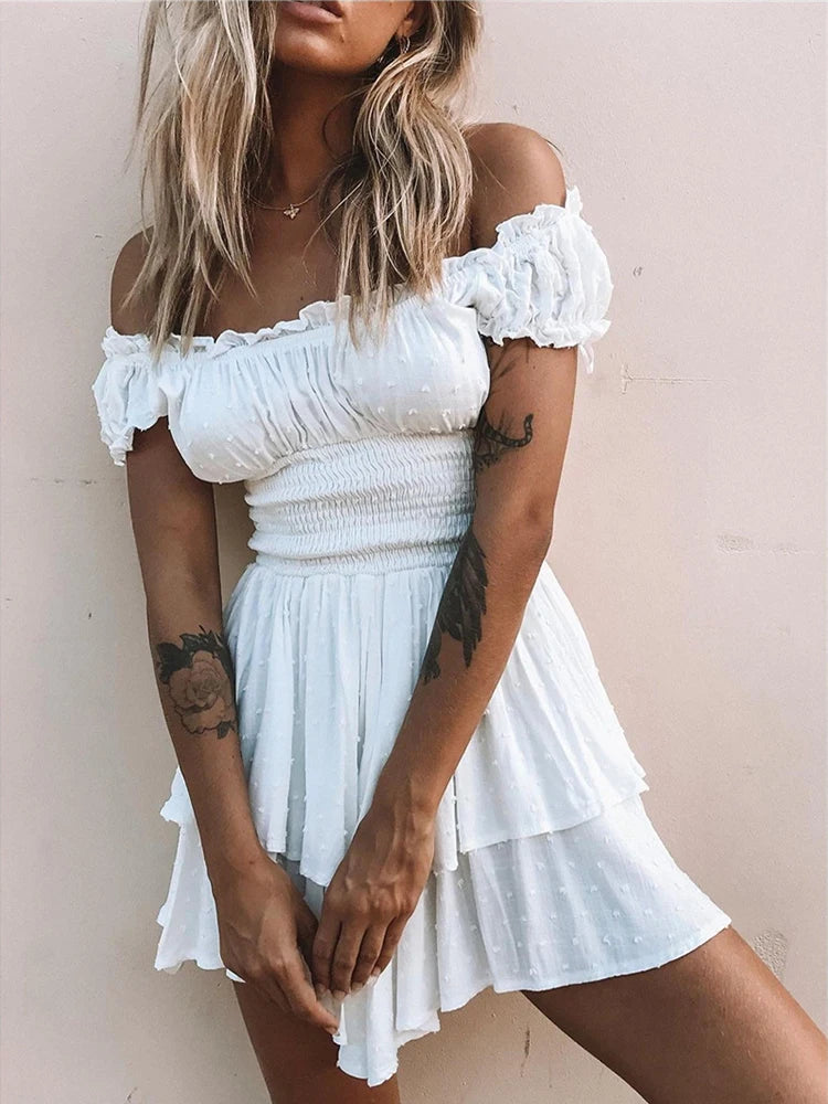 2023 Summer Cotton and Linen Dress Short Sleeve Dress Fashion Slim Ruffle Mini Dress Womens Sexy White Strapless Dress