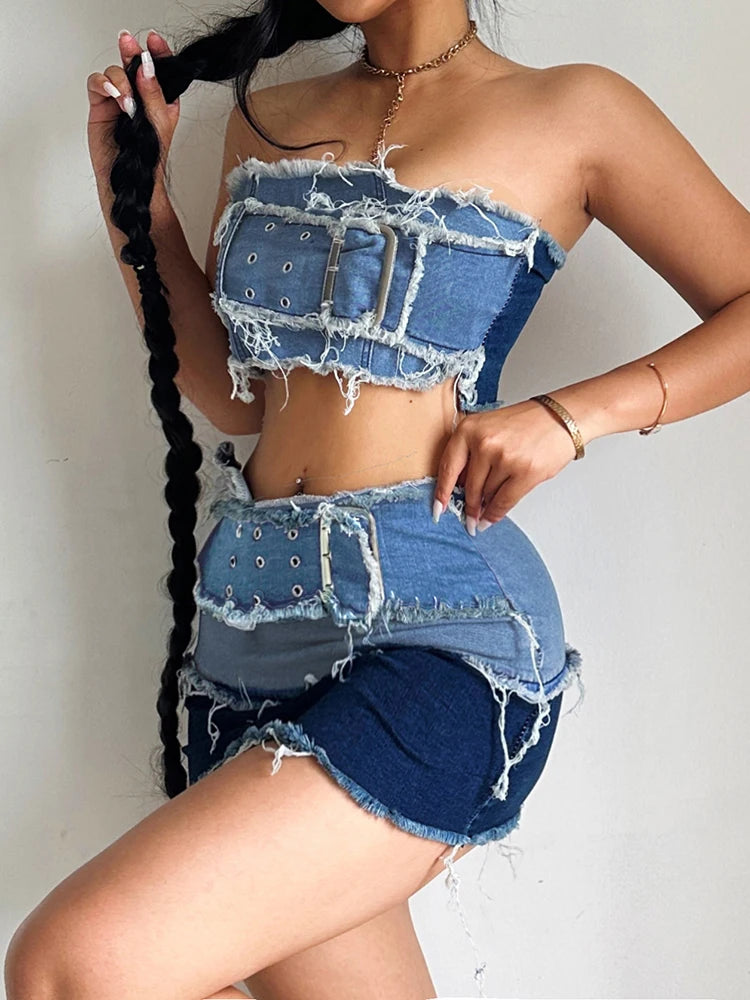 Weekeep Cargo Style Denim Tube Top Chic Big Belt Patchwork Strapless Corset Tops Women y2k Aesthetic Crop Tanks Sexy Streetwear