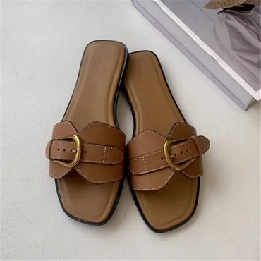 Slippers for Woman 2025 Summer Beach Flats Ladies Buckle Slides Gladiator Sandals Luxury Leather Mules Zapatos Mujer