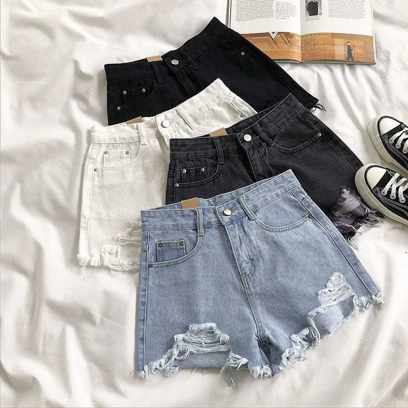 Ripped Women Denim Shorts Korean Chic High Waist Female Casual Shorts Summer New Pockets Solid All Match Ladies Wide Leg Pants