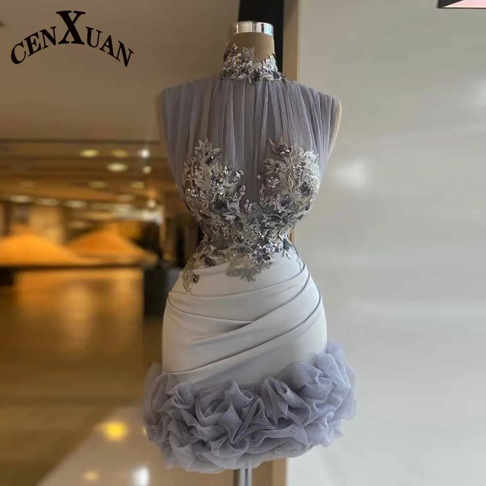 CENXUAN Graceful High Neck Homecoming Dress with Appliques Ruched Sleeveless Luxury Cocktail Dress Formal Party Gown Customized