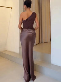 JULISSA MO Patchwork Satin Sexy One Shoulder Women Maxi Dress Brown Sleeveless Evening Dress Summer Slim Elegant Party Clubwear