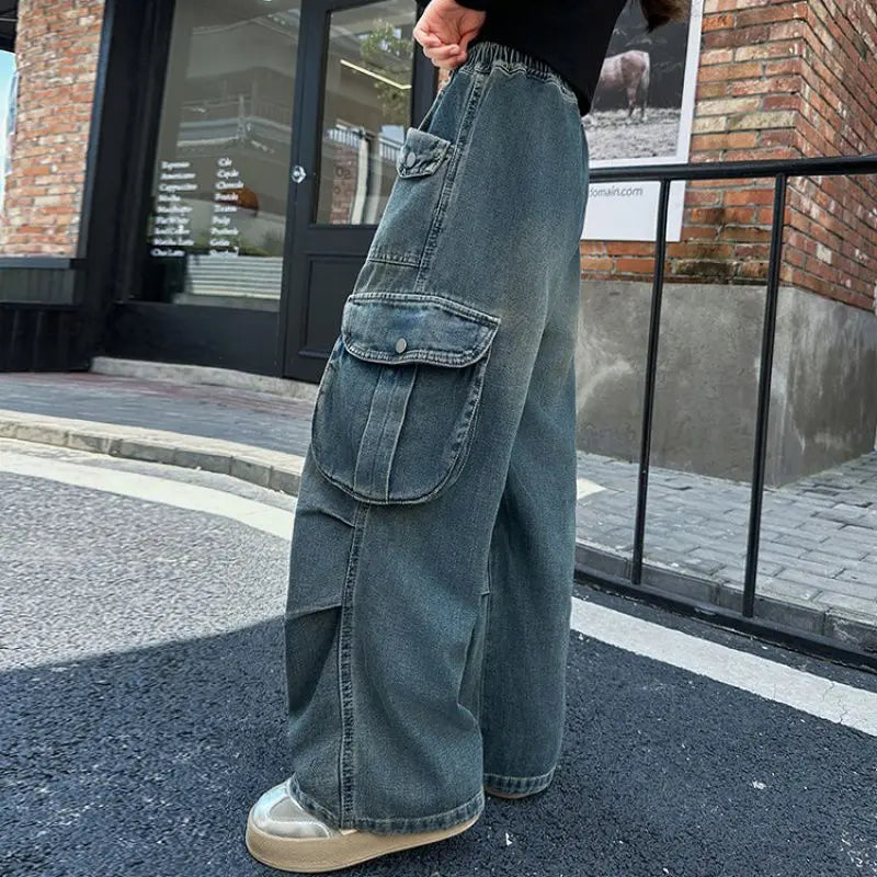 Autumn Winter New Ladies Cargo Jeans American Street Style Baggy Cargo Pants Women Blue Multi-pocket Wide Leg Jeans for Women