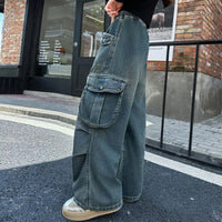 Autumn Winter New Ladies Cargo Jeans American Street Style Baggy Cargo Pants Women Blue Multi-pocket Wide Leg Jeans for Women