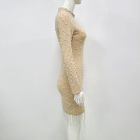 High Quality Celebrity Nude Long Sleeve Beading Bodycon Dress Elegant Club Party Dress Vestidos