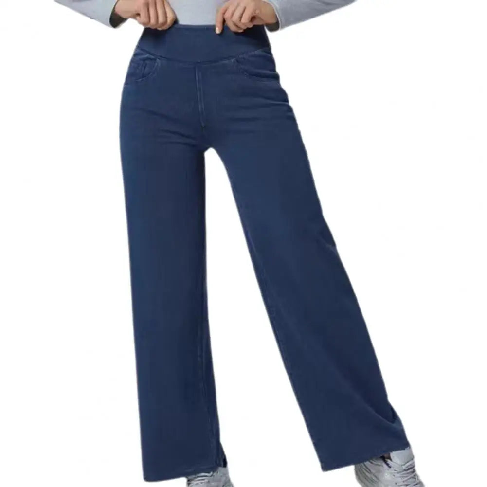 Women Jeans Elastic High Waist Slim Fit Slightly Flared Pull-On Wide Leg Long Denim Pants With Pockets Solid Color Female Jeans