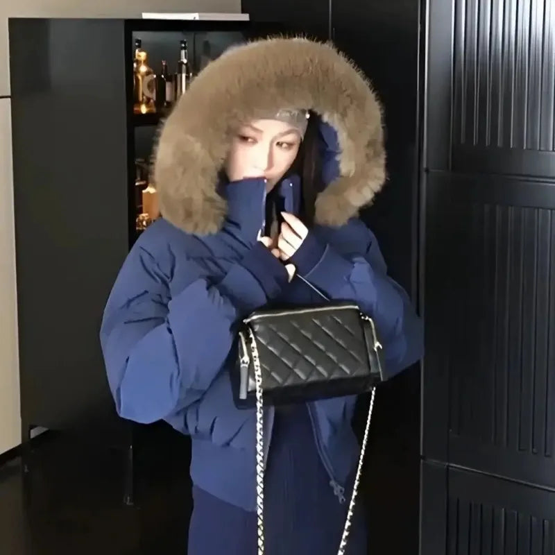 Winter Street Fashion Fur Collar White Zipper Hooded Short Jacket Women Casual Thicken Warm Coat Y2k Harajuku Sweet Outwear New