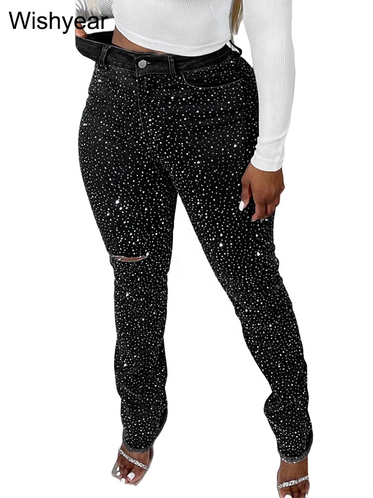 Fashion Skinny Stretch Jeans for Women Luxury Diamonds Hole Pencil Pants High Waist Washed Streetwear Y2k Streetwear Trousers