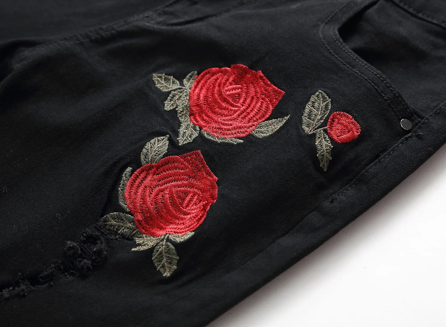 European and American Men's Casual Jeans with Embroidered Roses, Fashionable Ripped, Slim-fit, Stretch, Ankle-length Trousers