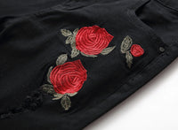 European and American Men's Casual Jeans with Embroidered Roses, Fashionable Ripped, Slim-fit, Stretch, Ankle-length Trousers