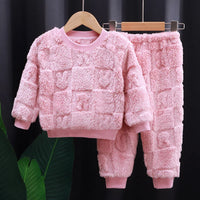New Autumn and Winter Flange Pajamas Suits Children's Long Sleeve Top+Trousers Sets Plus Velvet Thick Home Wear 1-6 Years Old