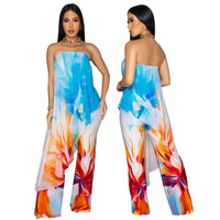 CM.YAYA Beach Holiday Print Women's Set Strapless High Low Blouse Top and Pants Suit 2025 Street Summer Two 2 Piece Sets Outfit
