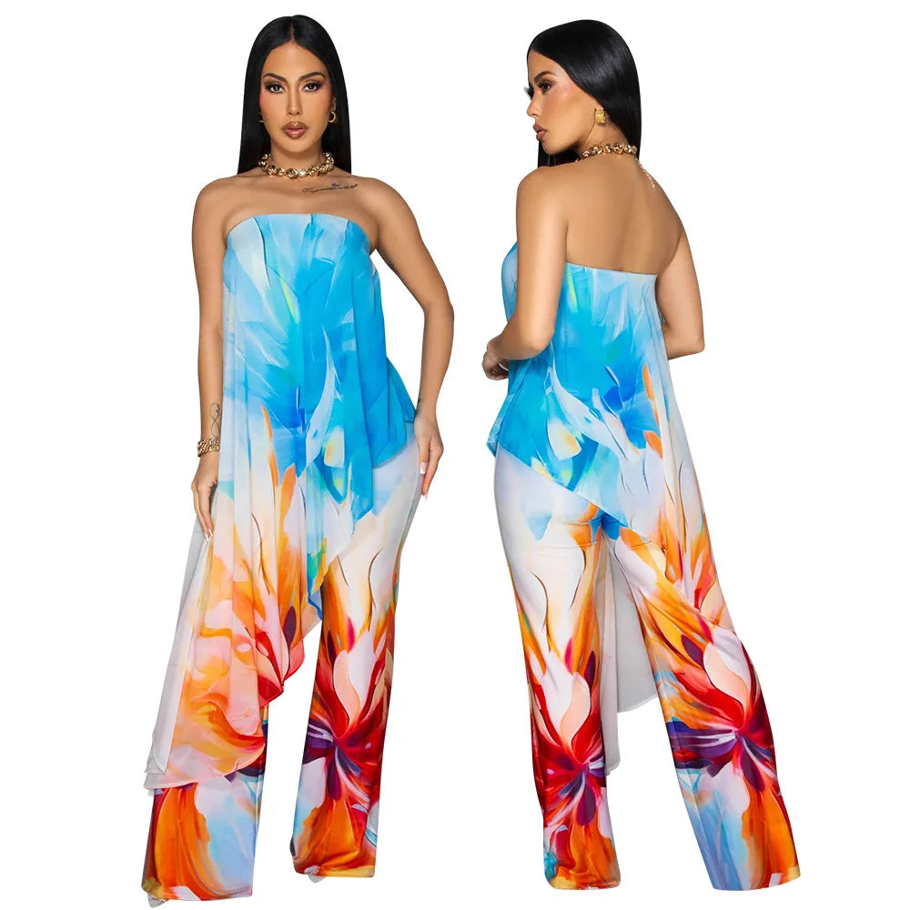 CM.YAYA Beach Holiday Print Women's Set Strapless High Low Blouse Top and Pants Suit 2025 Street Summer Two 2 Piece Sets Outfit