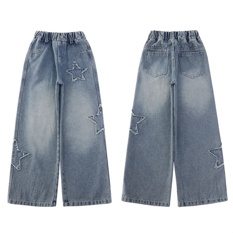 Girls Jeans 2025 Spring Autumn New Fashion Star Pattern Casual Denim Pants School Kids Trendy Teenage Children's Trousers 5-14T