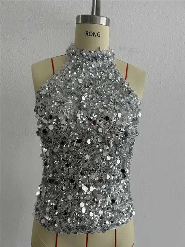 Top Women 2025 Summer New Fashion Hanging Neck Sleeveless Sexy Backless Sequin Decor Solid Color Casual Daily Tank Top