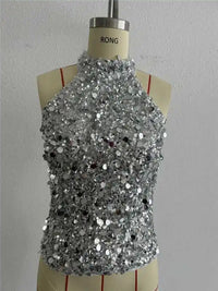 Top Women 2025 Summer New Fashion Hanging Neck Sleeveless Sexy Backless Sequin Decor Solid Color Casual Daily Tank Top